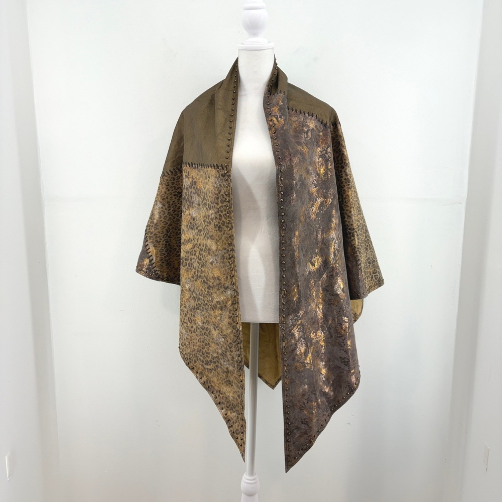 Chicos Outpost Triangle Wrap Leather Metallic Animal Print Studded Brown NEW NOS